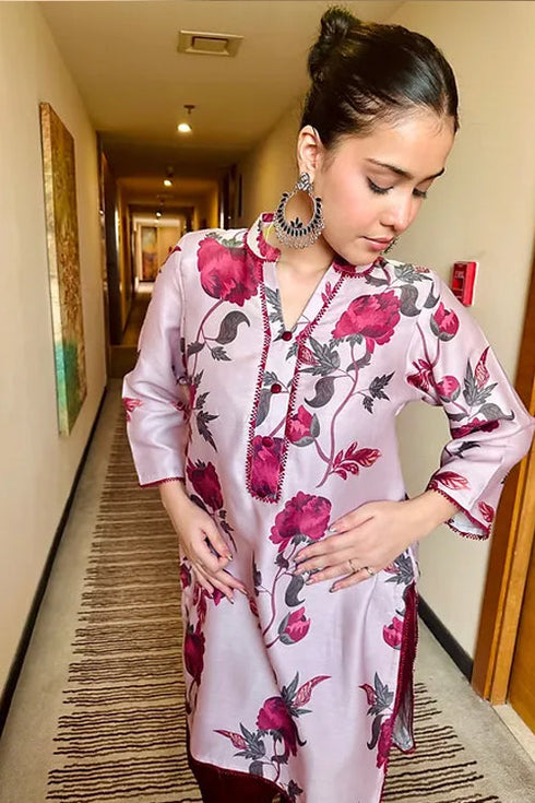 Saira Red And Rosegold Floral Pakistani Kurta Set